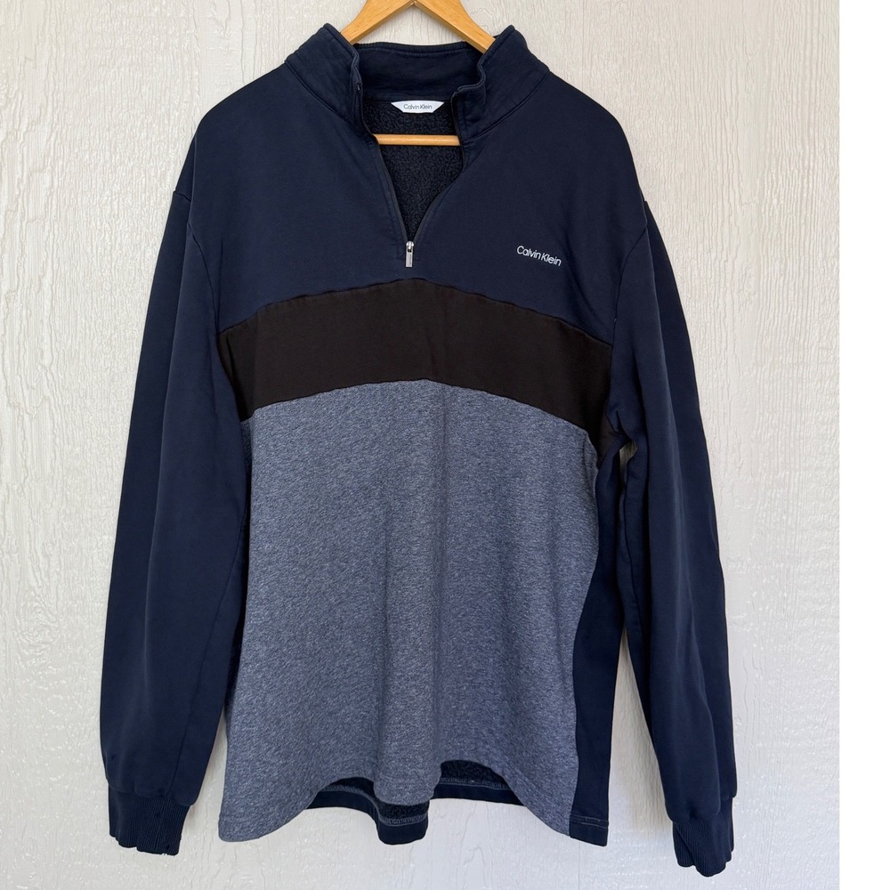 Calvin Klein Mens 2XL Quarter Zip Colorblock Fleece Pullover Navy Grey Black
